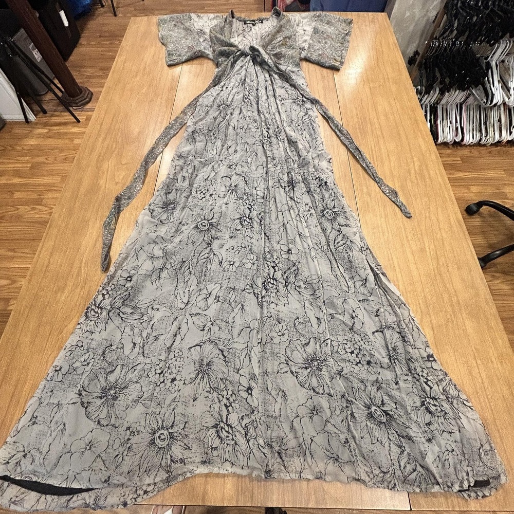 Winter Kate Dress Womens Small Gray Floral Silk Maxi Kimono Sleeve V Neck Boho